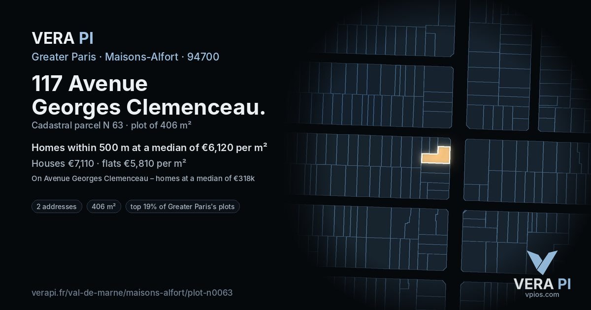 117 Avenue Georges Clemenceau, Maisons-Alfort at night – the plot lit, the parcels around coloured by the prices near them