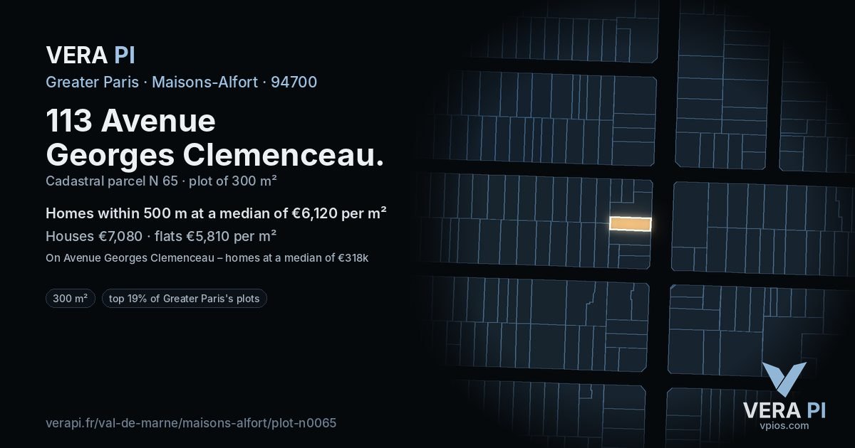 113 Avenue Georges Clemenceau, Maisons-Alfort at night – the plot lit, the parcels around coloured by the prices near them