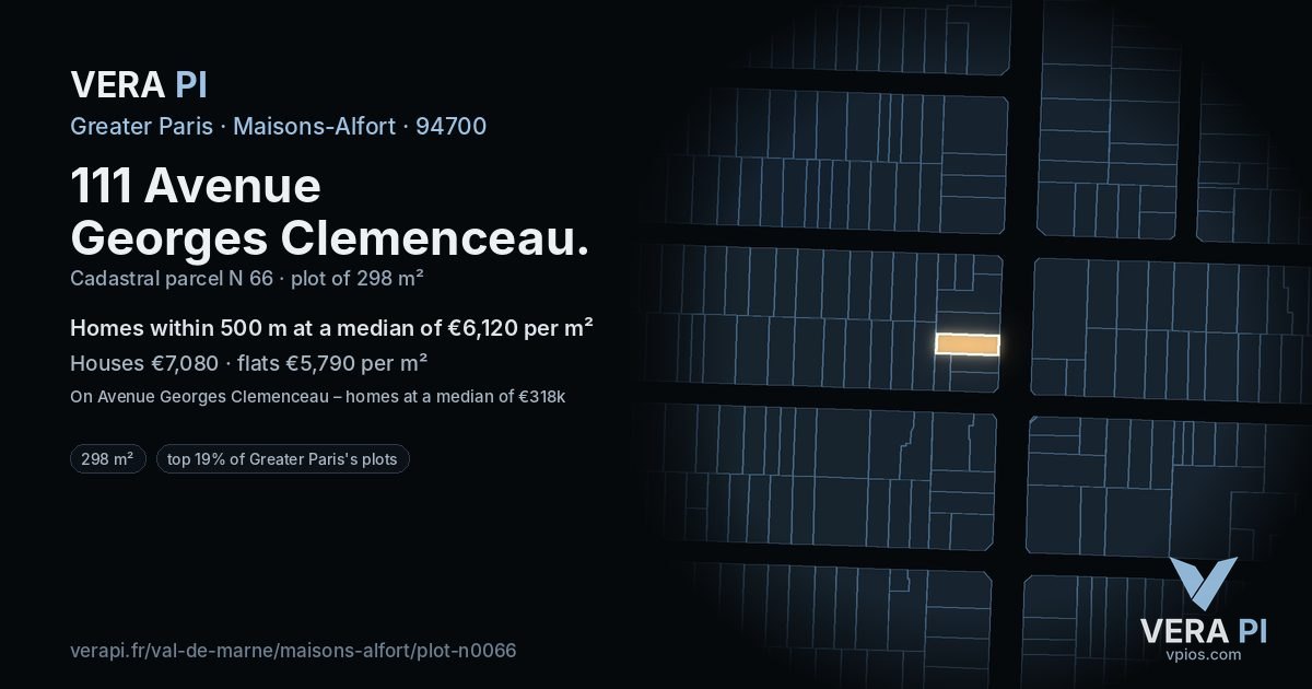 111 Avenue Georges Clemenceau, Maisons-Alfort at night – the plot lit, the parcels around coloured by the prices near them