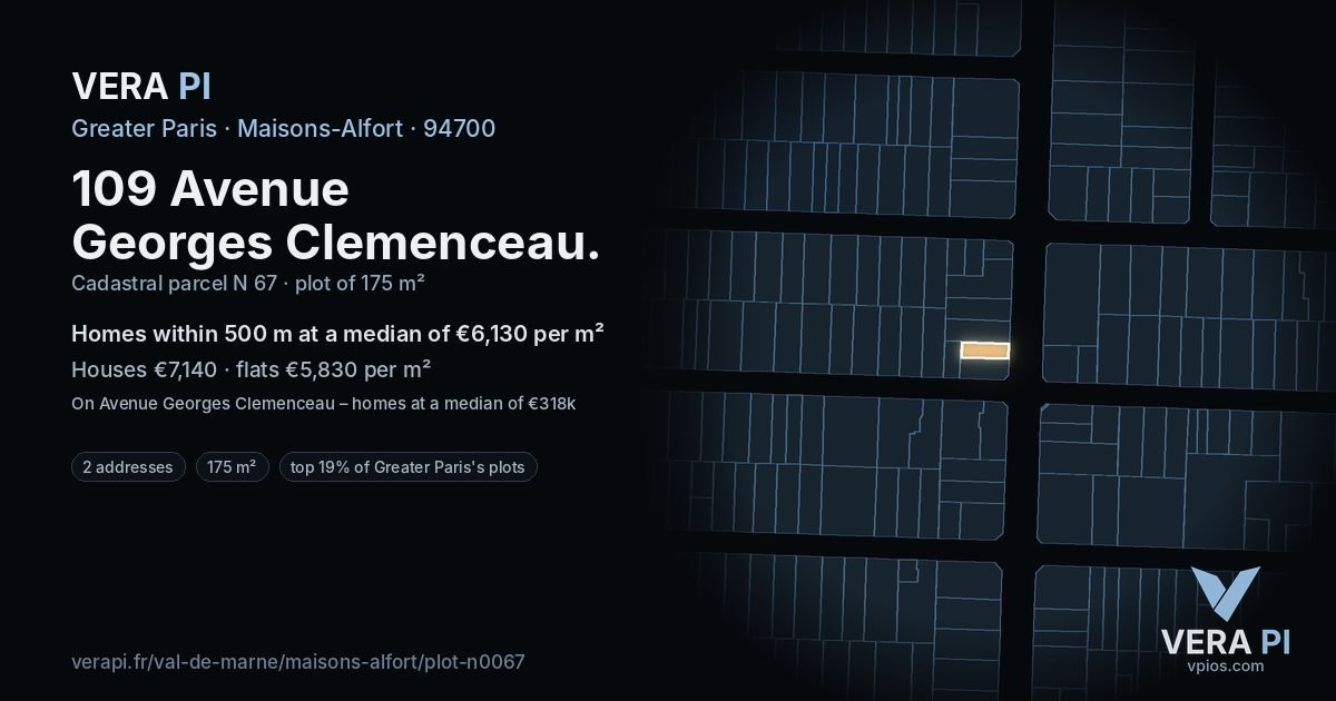 109 Avenue Georges Clemenceau, Maisons-Alfort at night – the plot lit, the parcels around coloured by the prices near them