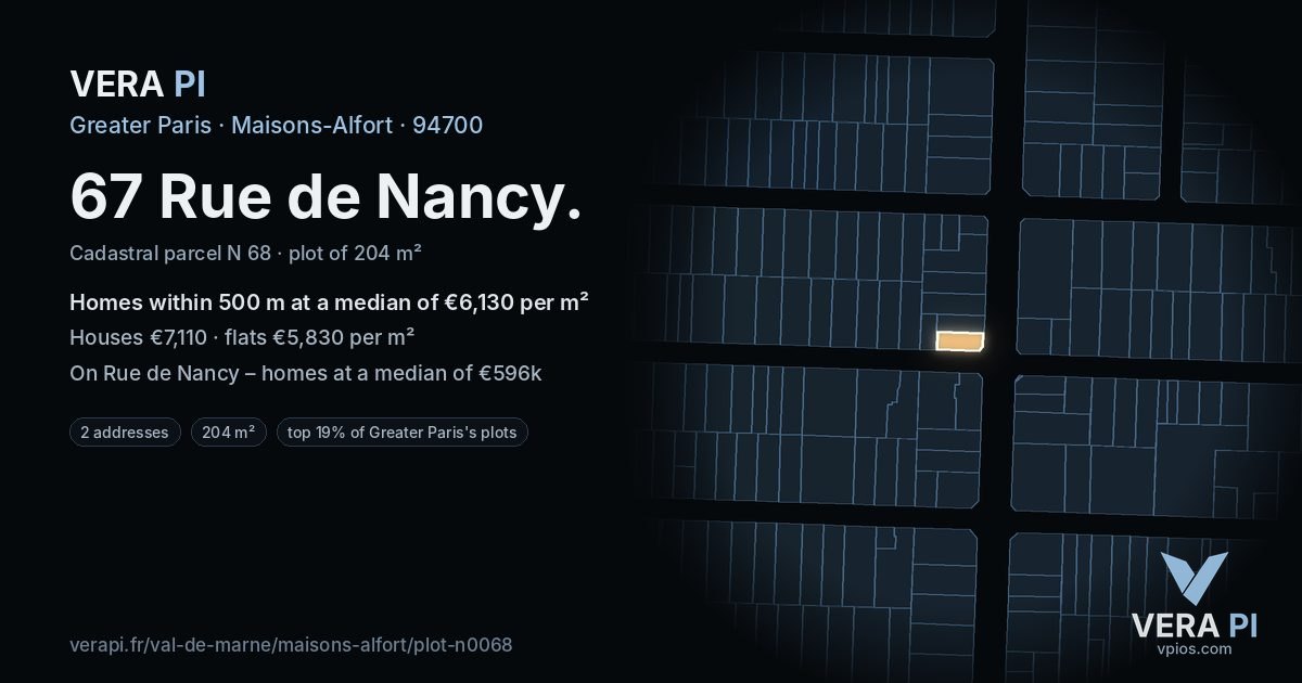 67 Rue de Nancy, Maisons-Alfort at night – the plot lit, the parcels around coloured by the prices near them