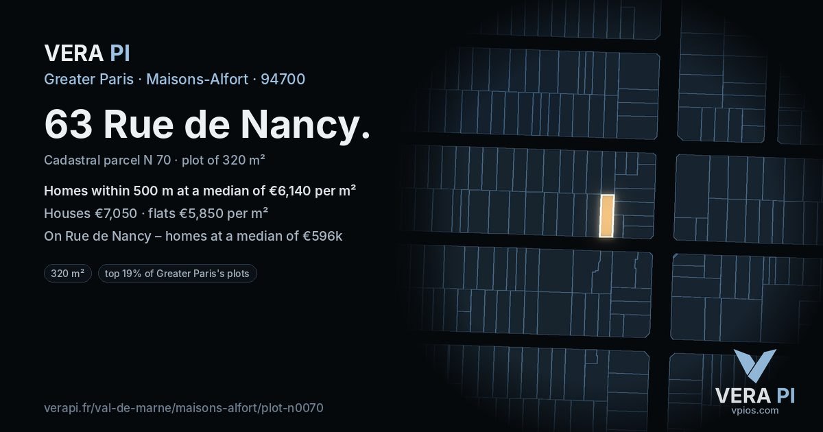 63 Rue de Nancy, Maisons-Alfort at night – the plot lit, the parcels around coloured by the prices near them