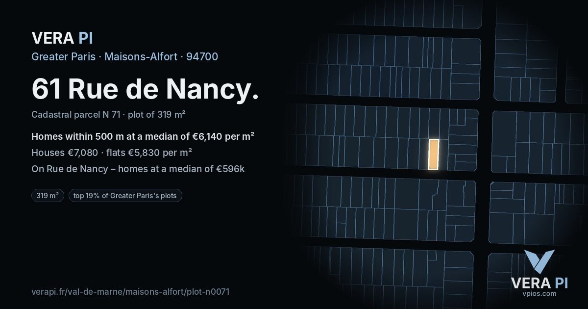 61 Rue de Nancy, Maisons-Alfort at night – the plot lit, the parcels around coloured by the prices near them