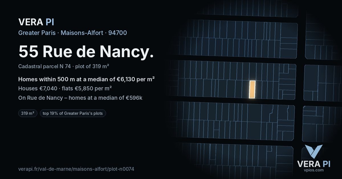 55 Rue de Nancy, Maisons-Alfort at night – the plot lit, the parcels around coloured by the prices near them
