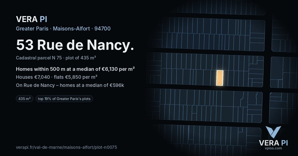 53 Rue de Nancy, Maisons-Alfort at night – the plot lit, the parcels around coloured by the prices near them