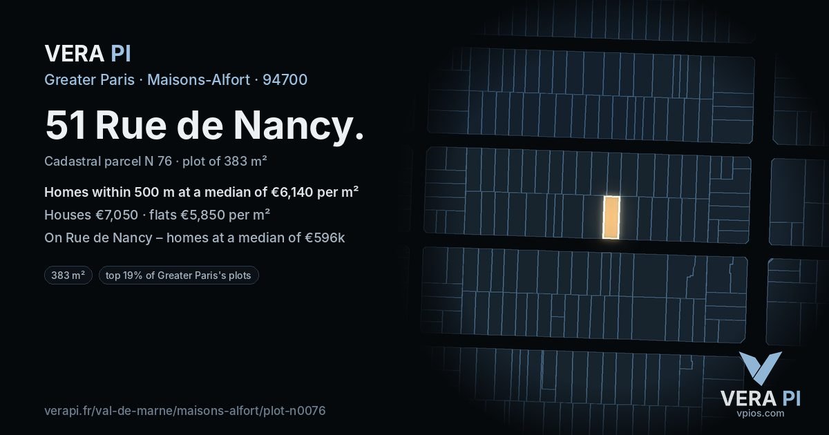 51 Rue de Nancy, Maisons-Alfort at night – the plot lit, the parcels around coloured by the prices near them