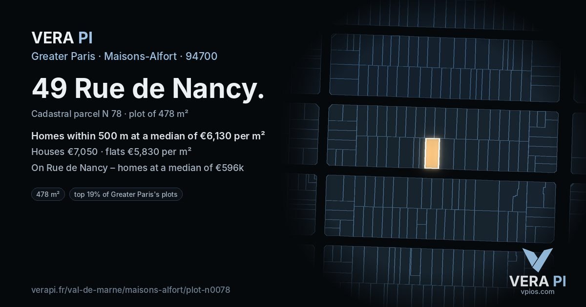 49 Rue de Nancy, Maisons-Alfort at night – the plot lit, the parcels around coloured by the prices near them