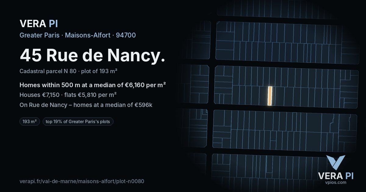 45 Rue de Nancy, Maisons-Alfort at night – the plot lit, the parcels around coloured by the prices near them