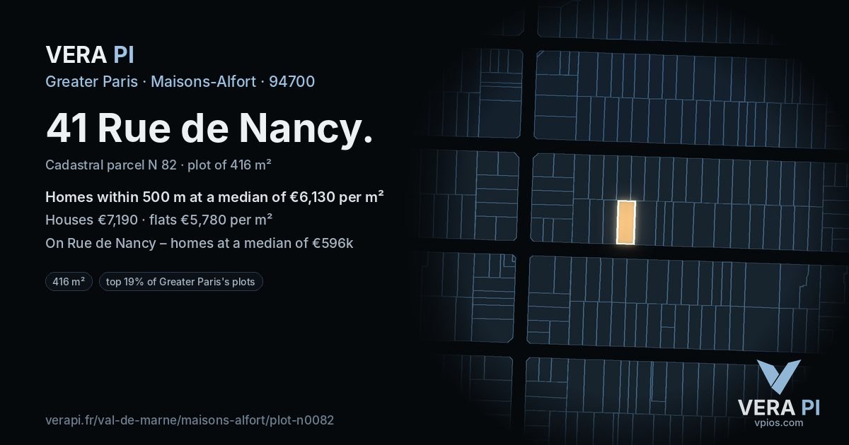 41 Rue de Nancy, Maisons-Alfort at night – the plot lit, the parcels around coloured by the prices near them
