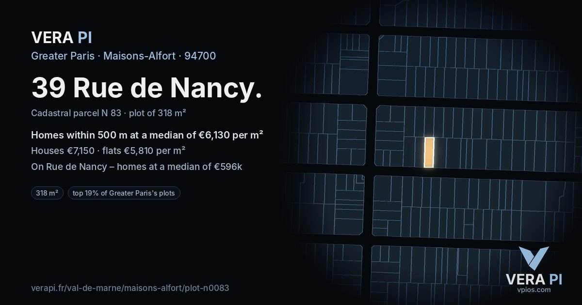 39 Rue de Nancy, Maisons-Alfort at night – the plot lit, the parcels around coloured by the prices near them
