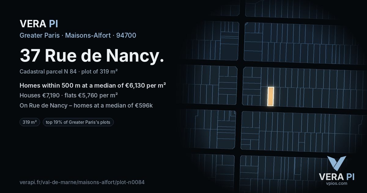 37 Rue de Nancy, Maisons-Alfort at night – the plot lit, the parcels around coloured by the prices near them