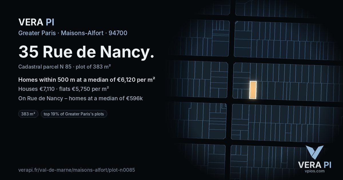 35 Rue de Nancy, Maisons-Alfort at night – the plot lit, the parcels around coloured by the prices near them