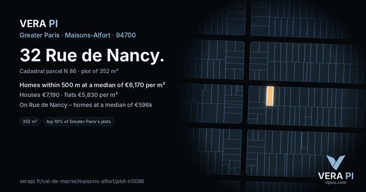 32 Rue de Nancy, Maisons-Alfort at night – the plot lit, the parcels around coloured by the prices near them
