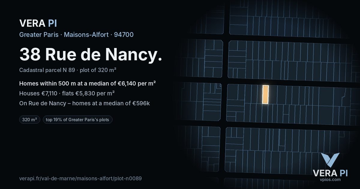 38 Rue de Nancy, Maisons-Alfort at night – the plot lit, the parcels around coloured by the prices near them