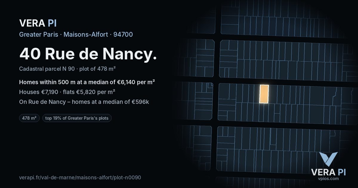 40 Rue de Nancy, Maisons-Alfort at night – the plot lit, the parcels around coloured by the prices near them