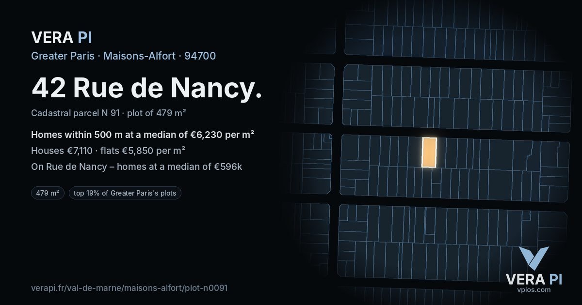 42 Rue de Nancy, Maisons-Alfort at night – the plot lit, the parcels around coloured by the prices near them