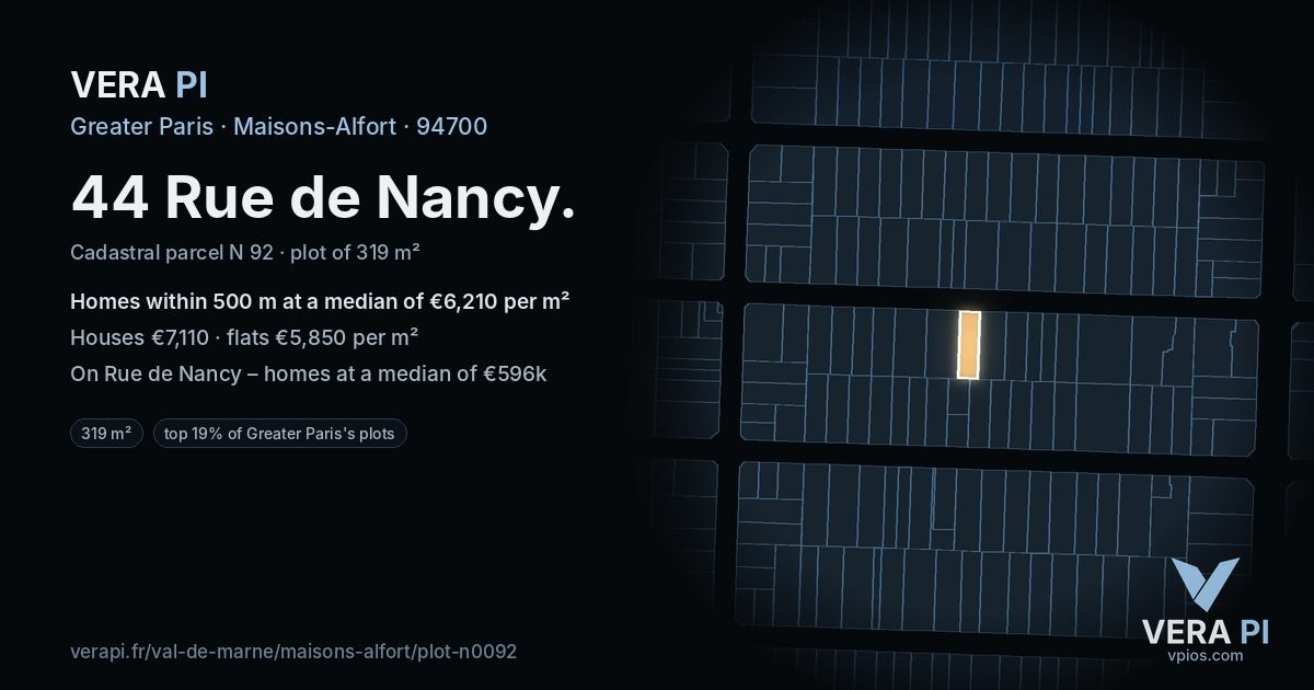 44 Rue de Nancy, Maisons-Alfort at night – the plot lit, the parcels around coloured by the prices near them
