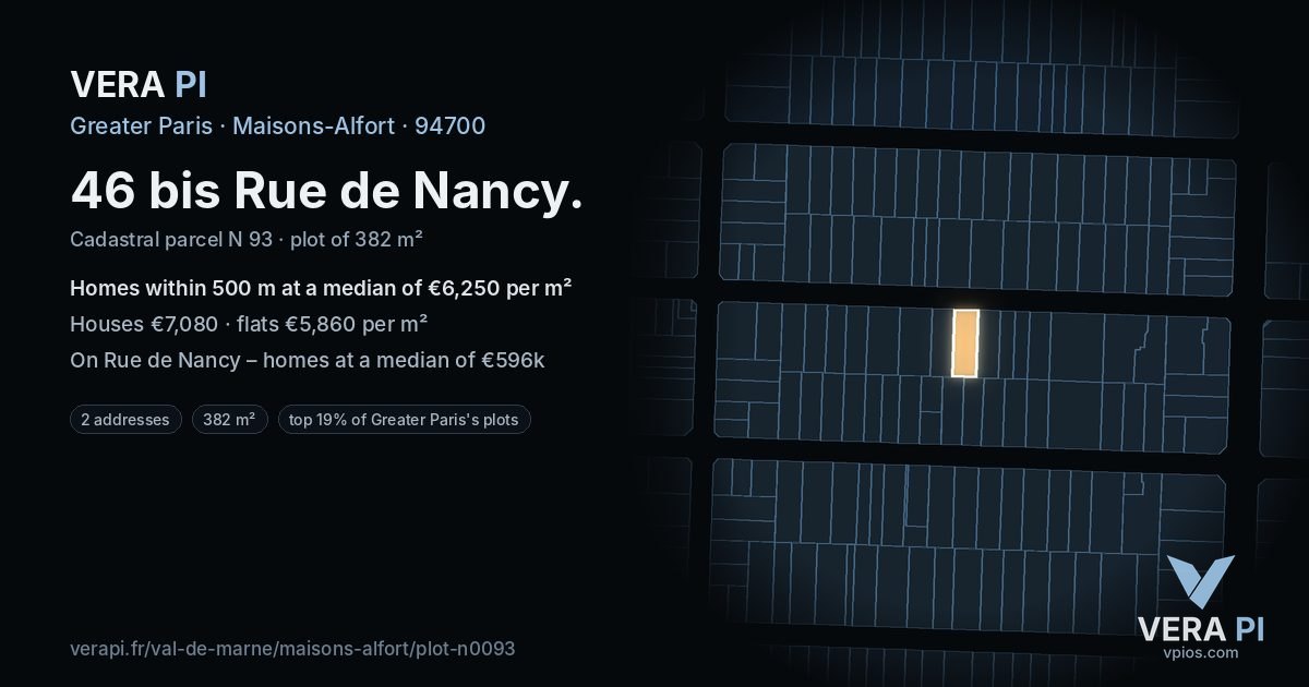 46 bis Rue de Nancy, Maisons-Alfort at night – the plot lit, the parcels around coloured by the prices near them