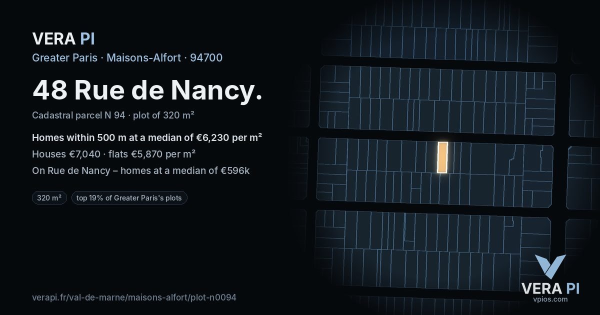 48 Rue de Nancy, Maisons-Alfort at night – the plot lit, the parcels around coloured by the prices near them