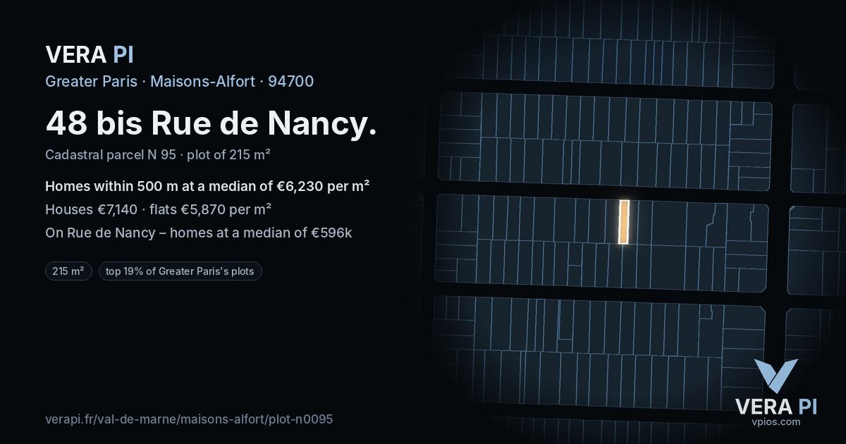 48 bis Rue de Nancy, Maisons-Alfort at night – the plot lit, the parcels around coloured by the prices near them