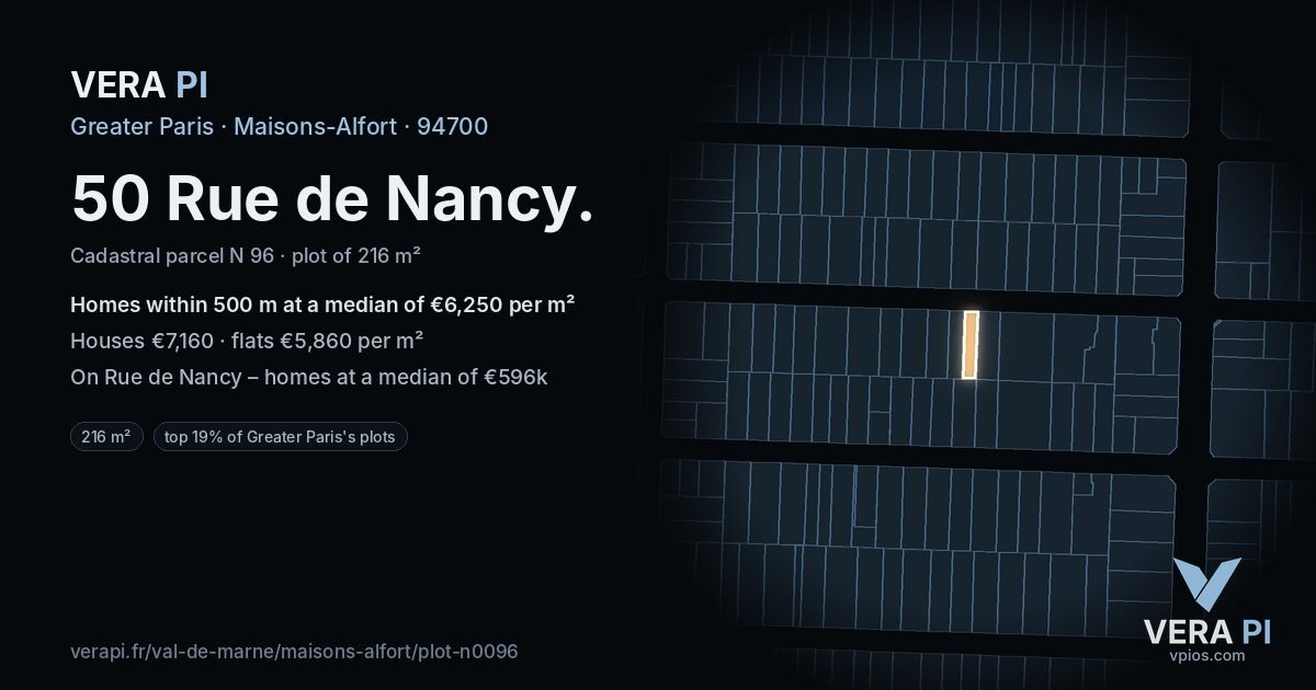50 Rue de Nancy, Maisons-Alfort at night – the plot lit, the parcels around coloured by the prices near them