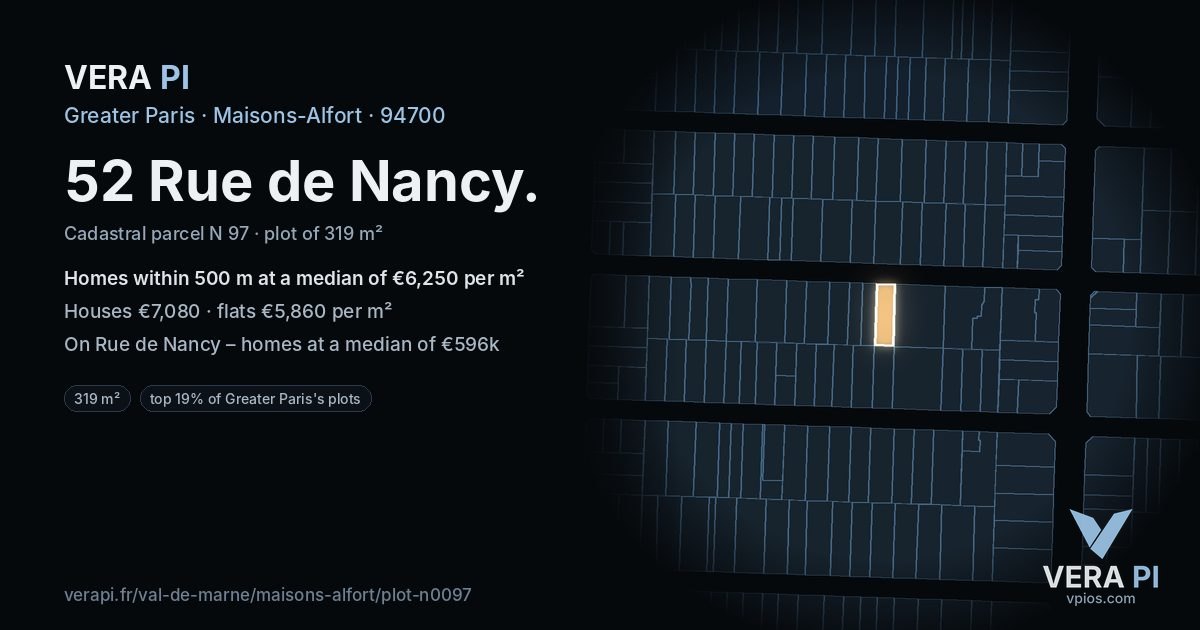 52 Rue de Nancy, Maisons-Alfort at night – the plot lit, the parcels around coloured by the prices near them