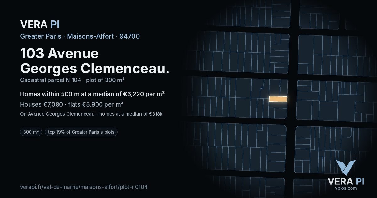 103 Avenue Georges Clemenceau, Maisons-Alfort at night – the plot lit, the parcels around coloured by the prices near them