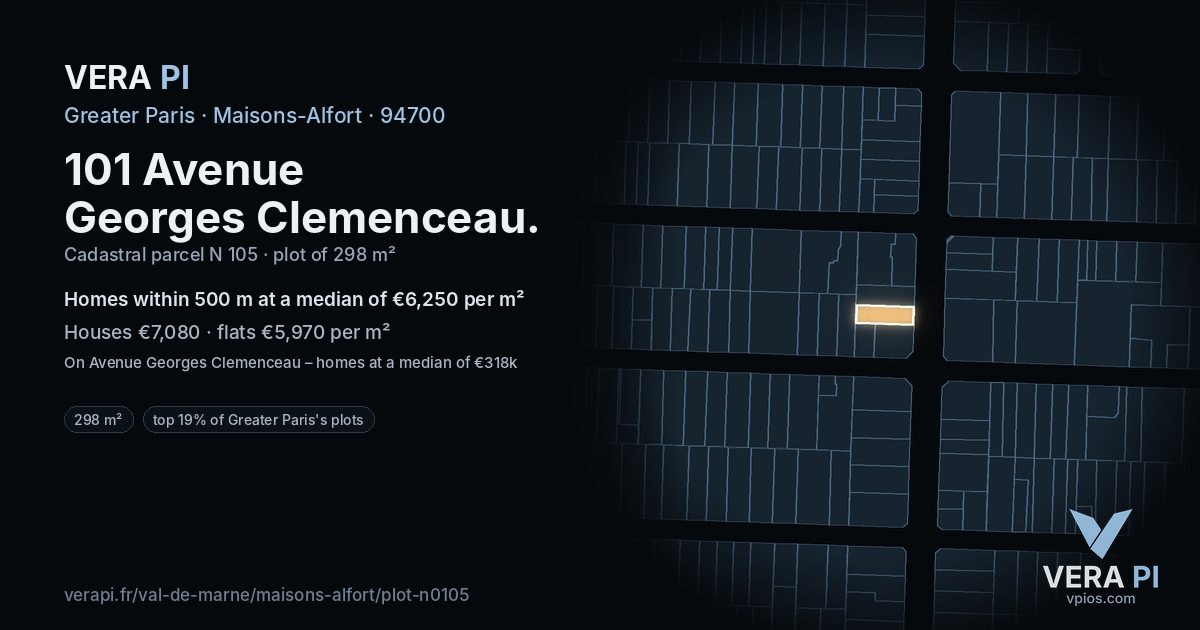 101 Avenue Georges Clemenceau, Maisons-Alfort at night – the plot lit, the parcels around coloured by the prices near them