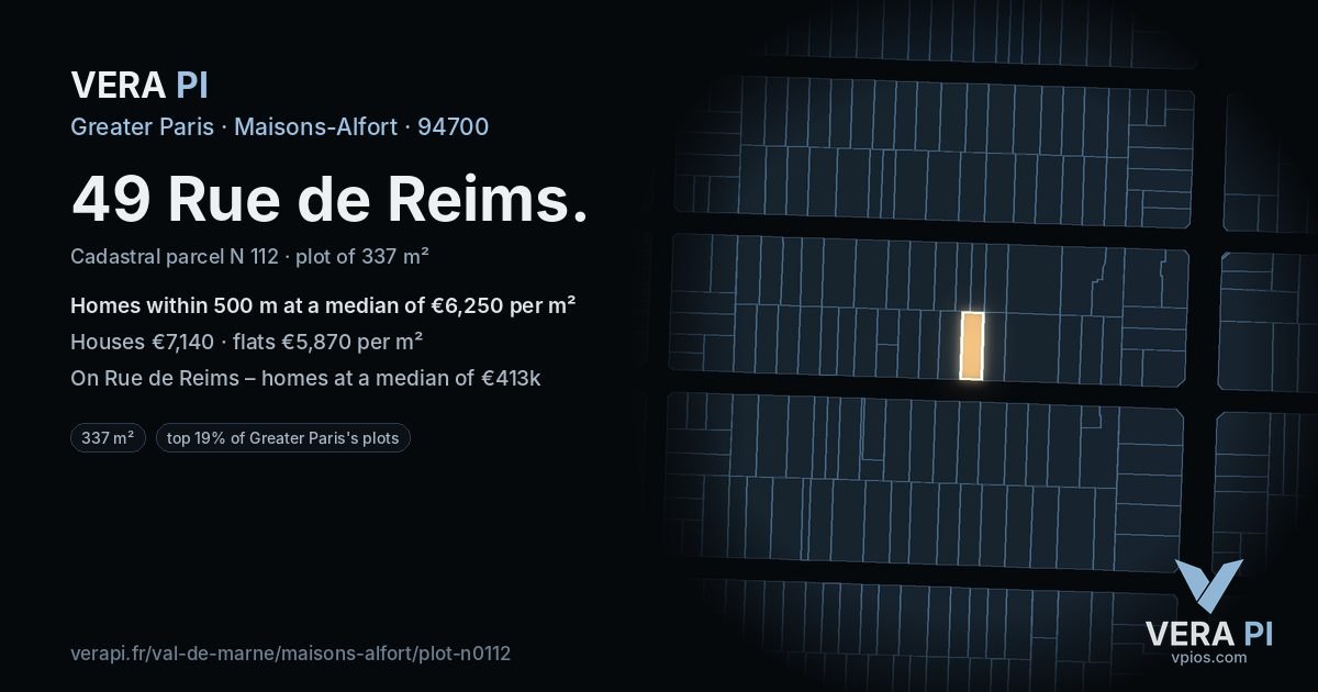 49 Rue de Reims, Maisons-Alfort at night – the plot lit, the parcels around coloured by the prices near them