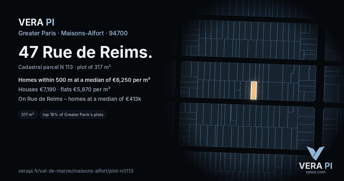 47 Rue de Reims, Maisons-Alfort at night – the plot lit, the parcels around coloured by the prices near them