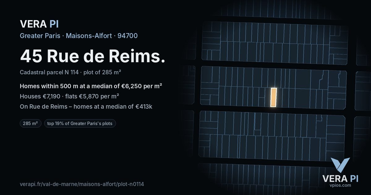 45 Rue de Reims, Maisons-Alfort at night – the plot lit, the parcels around coloured by the prices near them