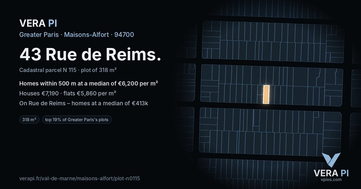 43 Rue de Reims, Maisons-Alfort at night – the plot lit, the parcels around coloured by the prices near them