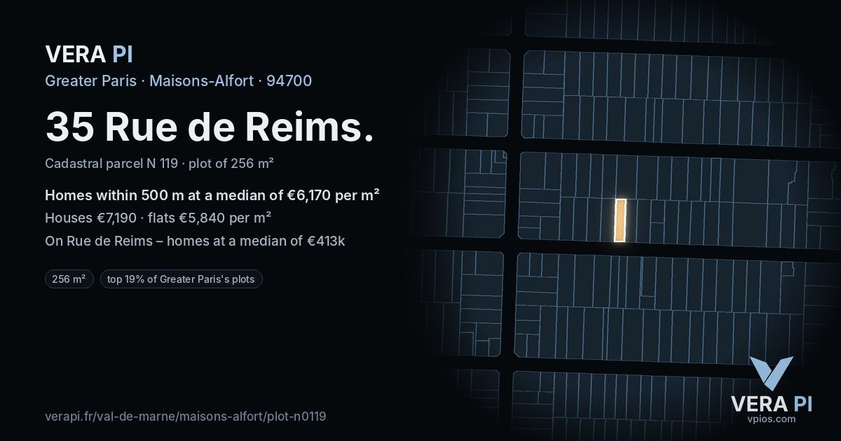35 Rue de Reims, Maisons-Alfort at night – the plot lit, the parcels around coloured by the prices near them