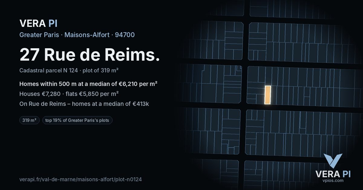 27 Rue de Reims, Maisons-Alfort at night – the plot lit, the parcels around coloured by the prices near them