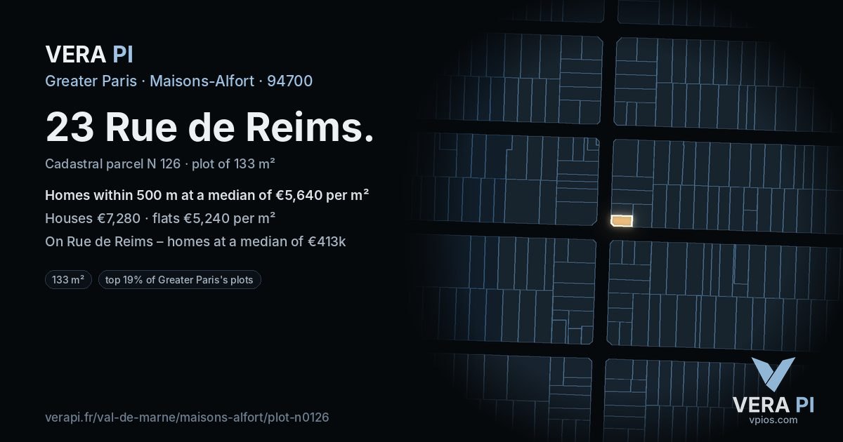 23 Rue de Reims, Maisons-Alfort at night – the plot lit, the parcels around coloured by the prices near them