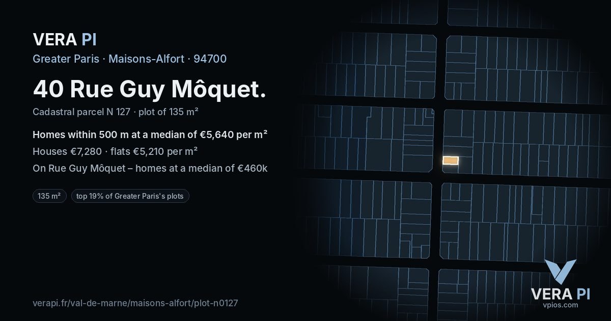 40 Rue Guy Môquet, Maisons-Alfort at night – the plot lit, the parcels around coloured by the prices near them