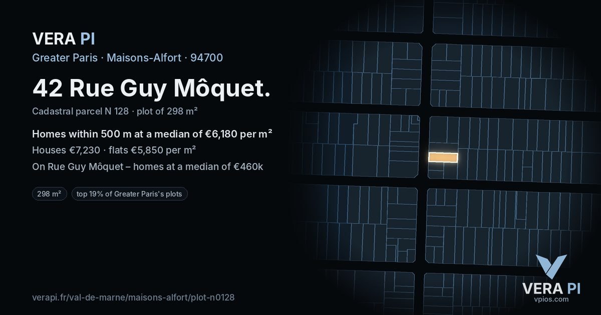 42 Rue Guy Môquet, Maisons-Alfort at night – the plot lit, the parcels around coloured by the prices near them
