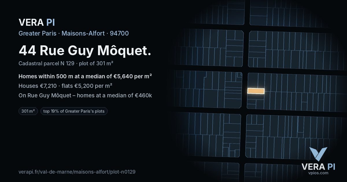 44 Rue Guy Môquet, Maisons-Alfort at night – the plot lit, the parcels around coloured by the prices near them
