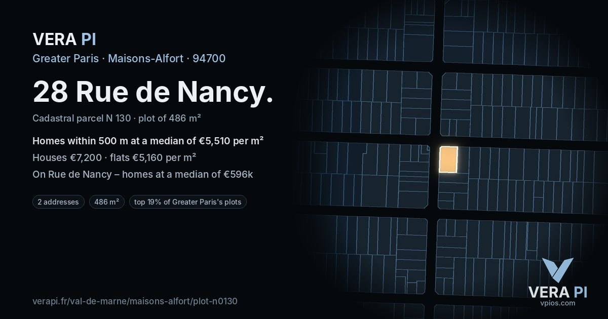 28 Rue de Nancy, Maisons-Alfort at night – the plot lit, the parcels around coloured by the prices near them