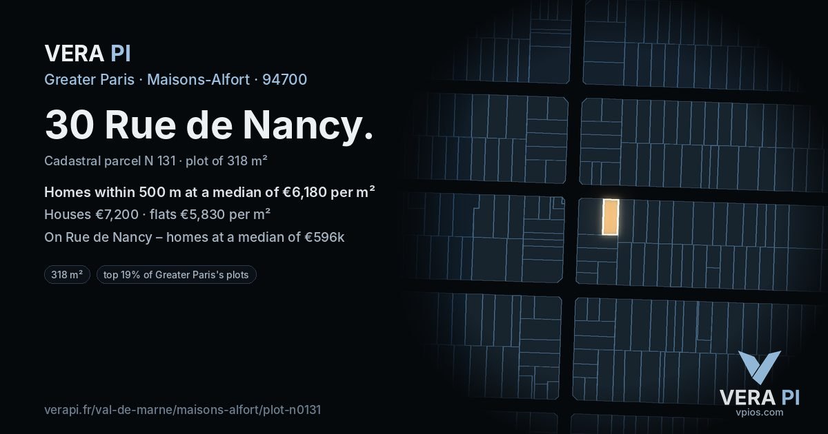 30 Rue de Nancy, Maisons-Alfort at night – the plot lit, the parcels around coloured by the prices near them
