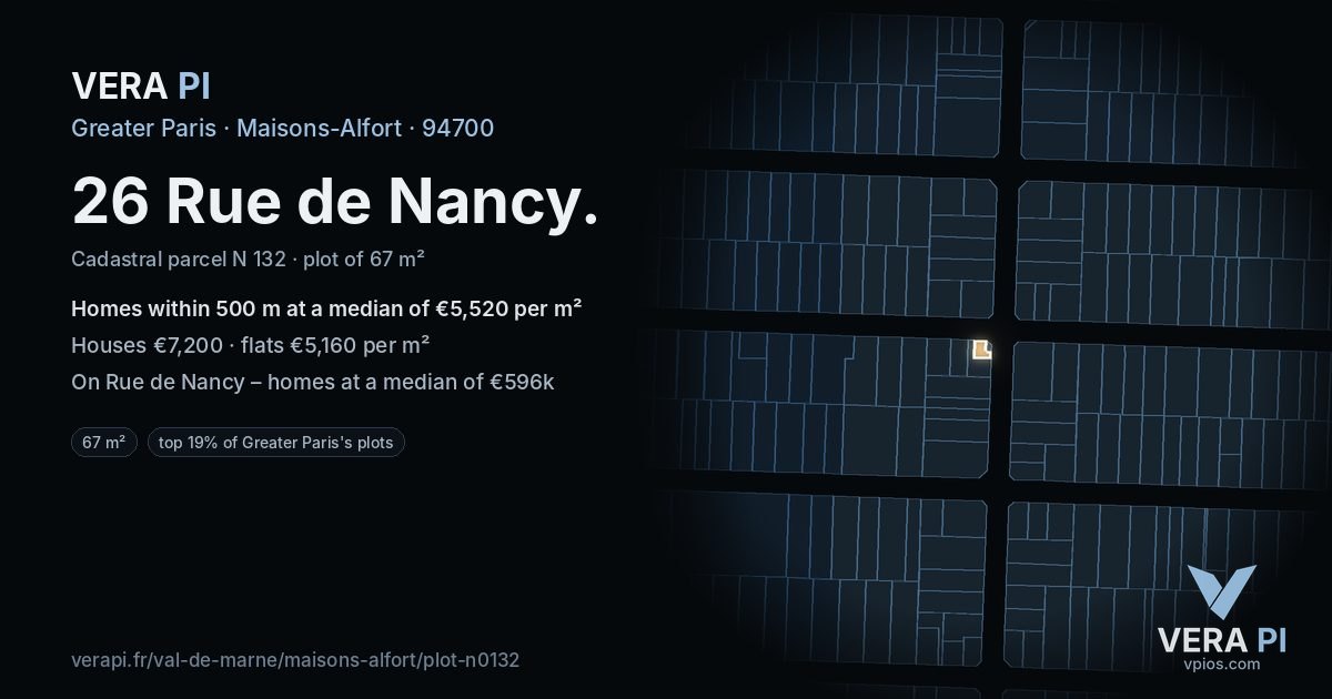 26 Rue de Nancy, Maisons-Alfort at night – the plot lit, the parcels around coloured by the prices near them