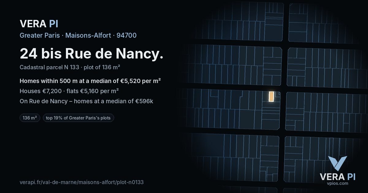 24 bis Rue de Nancy, Maisons-Alfort at night – the plot lit, the parcels around coloured by the prices near them