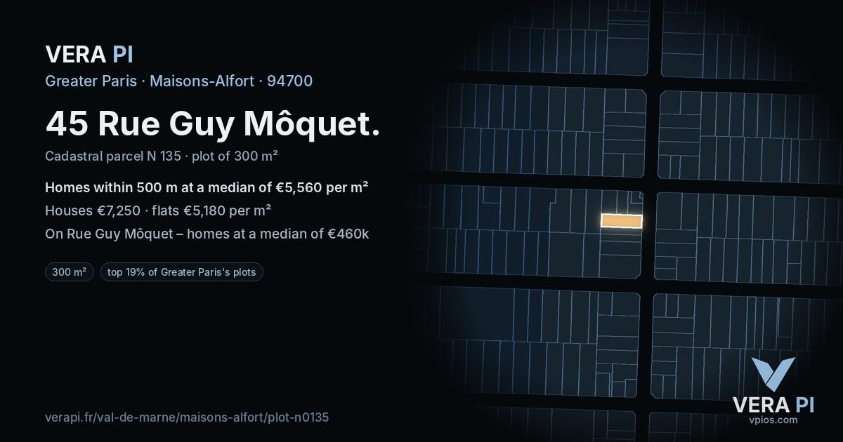 45 Rue Guy Môquet, Maisons-Alfort at night – the plot lit, the parcels around coloured by the prices near them