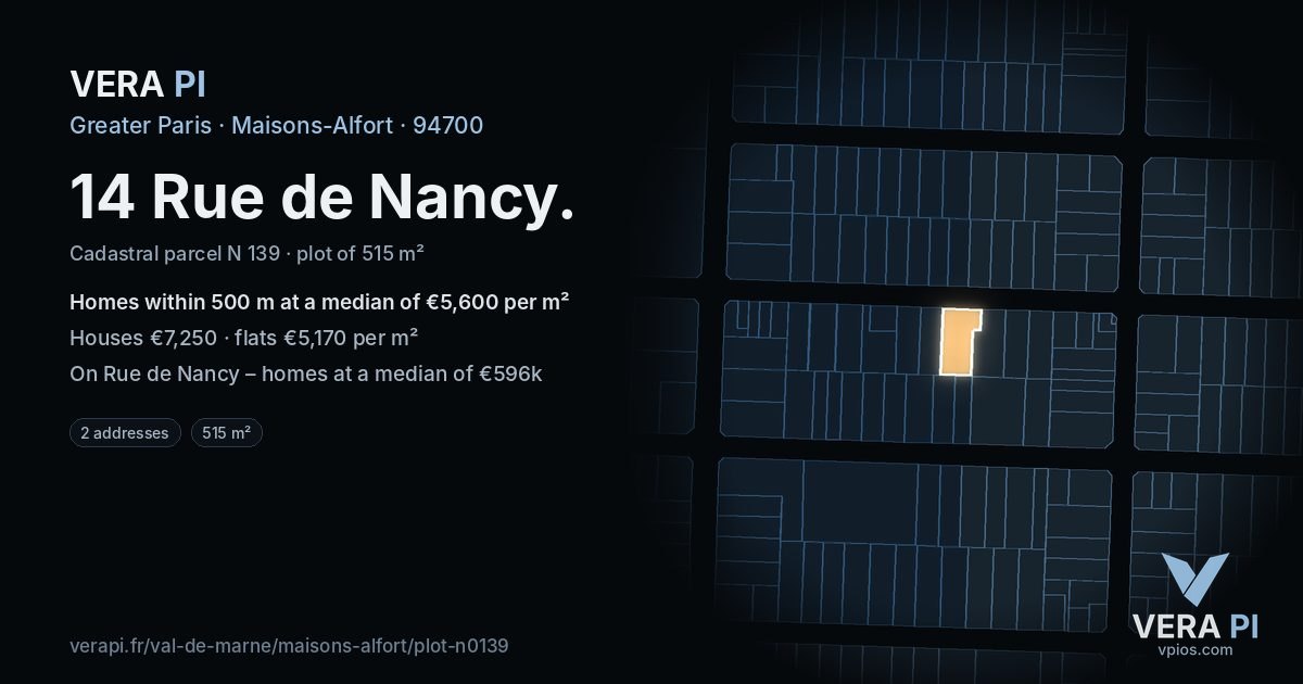 14 Rue de Nancy, Maisons-Alfort at night – the plot lit, the parcels around coloured by the prices near them