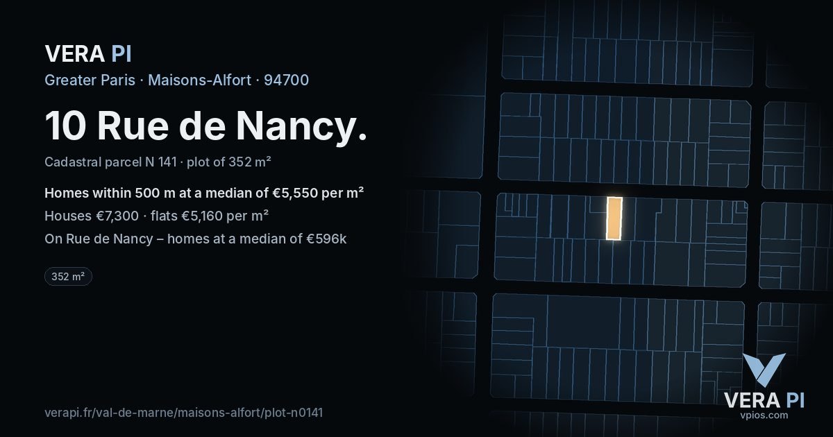 10 Rue de Nancy, Maisons-Alfort at night – the plot lit, the parcels around coloured by the prices near them