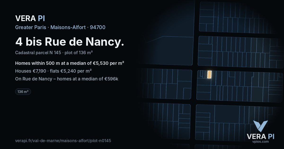 4 bis Rue de Nancy, Maisons-Alfort at night – the plot lit, the parcels around coloured by the prices near them