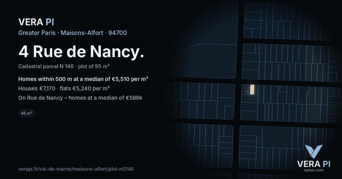4 Rue de Nancy, Maisons-Alfort at night – the plot lit, the parcels around coloured by the prices near them