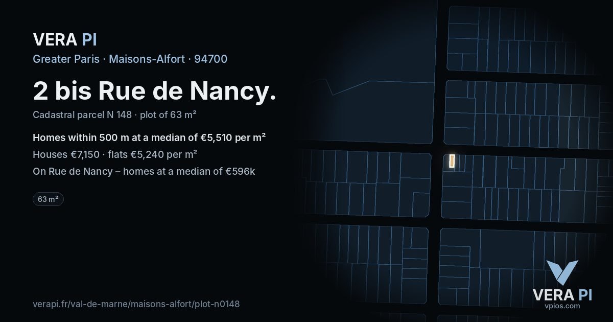2 bis Rue de Nancy, Maisons-Alfort at night – the plot lit, the parcels around coloured by the prices near them