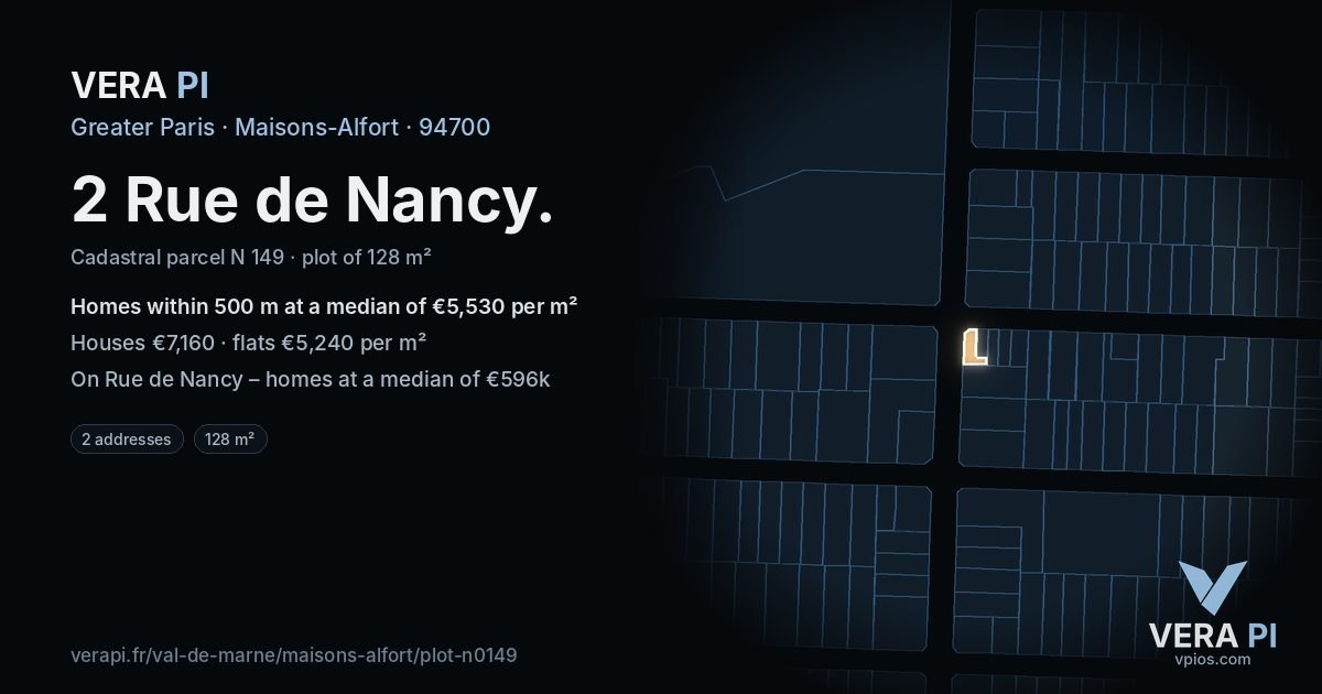 2 Rue de Nancy, Maisons-Alfort at night – the plot lit, the parcels around coloured by the prices near them