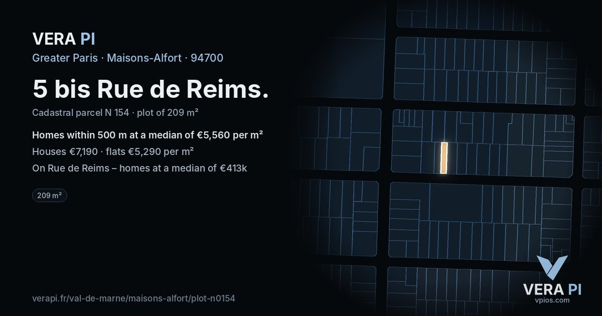 5 bis Rue de Reims, Maisons-Alfort at night – the plot lit, the parcels around coloured by the prices near them